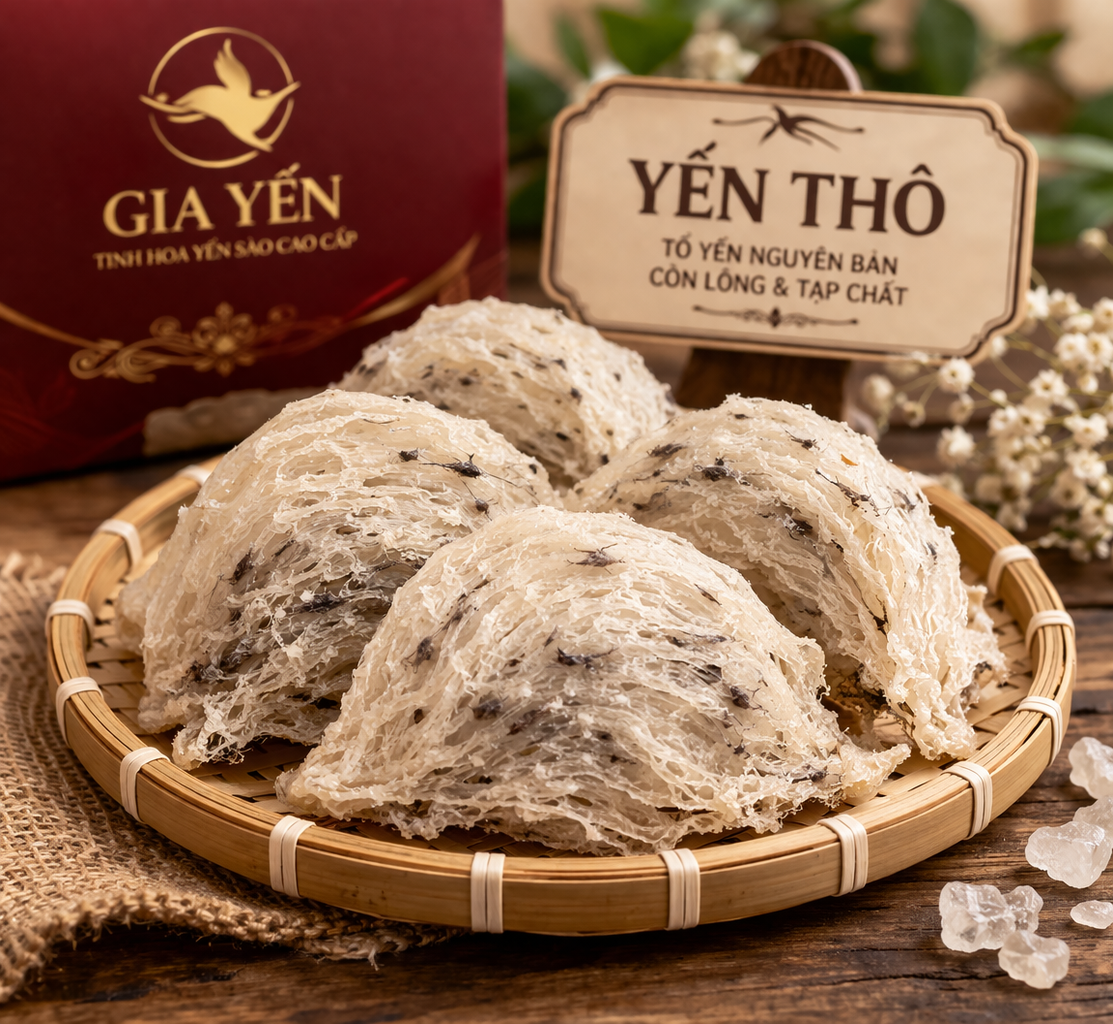 yến thô là tổ yến ở trạng thái nguyên bản, còn lông và tạp chất, chưa qua công đoạn làm sạch hoàn chỉnh.