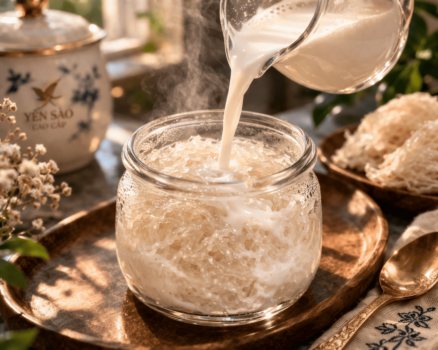 Cảnh rót sữa tươi vào hũ yến đã chưng gần chín, màu trắng sữa hòa cùng sợi yến trong veo, ánh sáng đẹp, phong cách food photography.