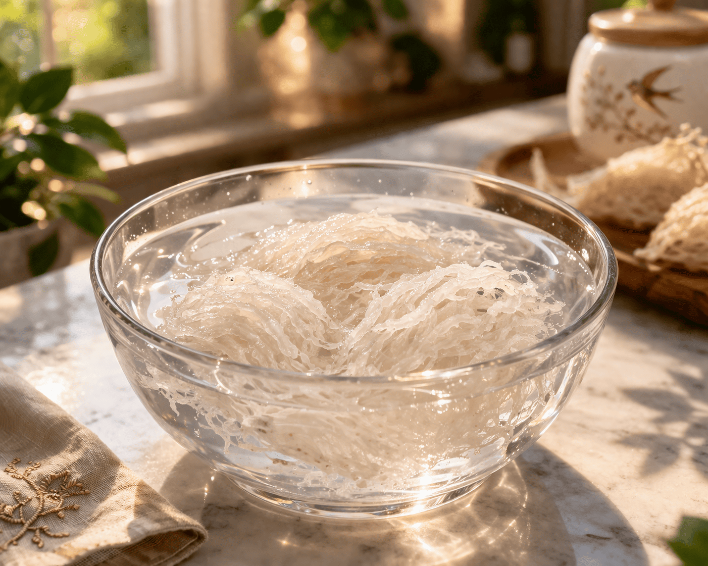 Cận cảnh tổ yến tinh chế đang được ngâm trong tô nước sạch, sợi yến nở đều, không gian bếp sáng sạch, phong cách thực tế, đẹp mắt.