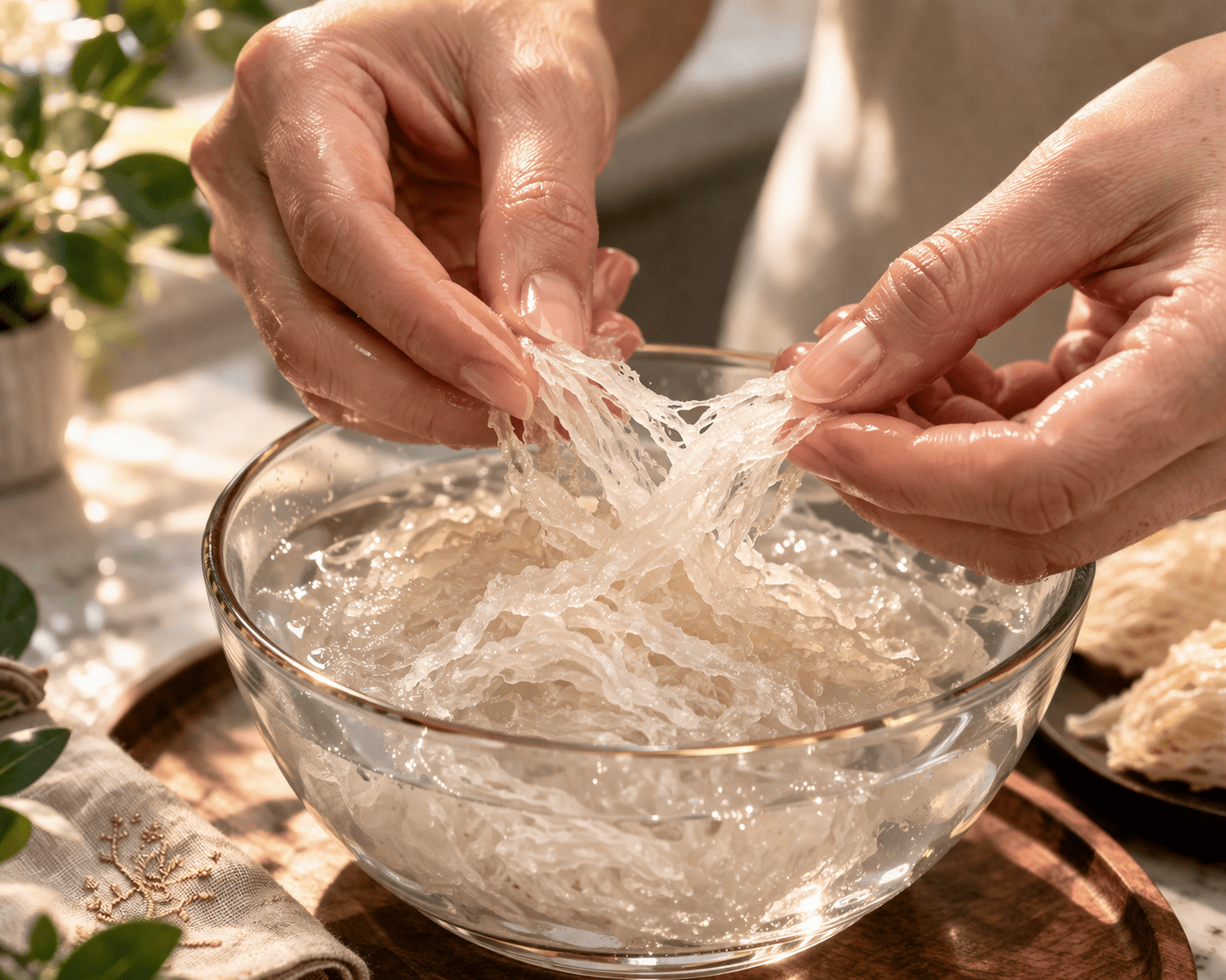 Bàn tay đang nhẹ nhàng tách sợi yến đã ngâm nở trong chén thủy tinh, sợi yến trắng trong, cận cảnh rõ nét, phong cách ẩm thực cao cấp.
