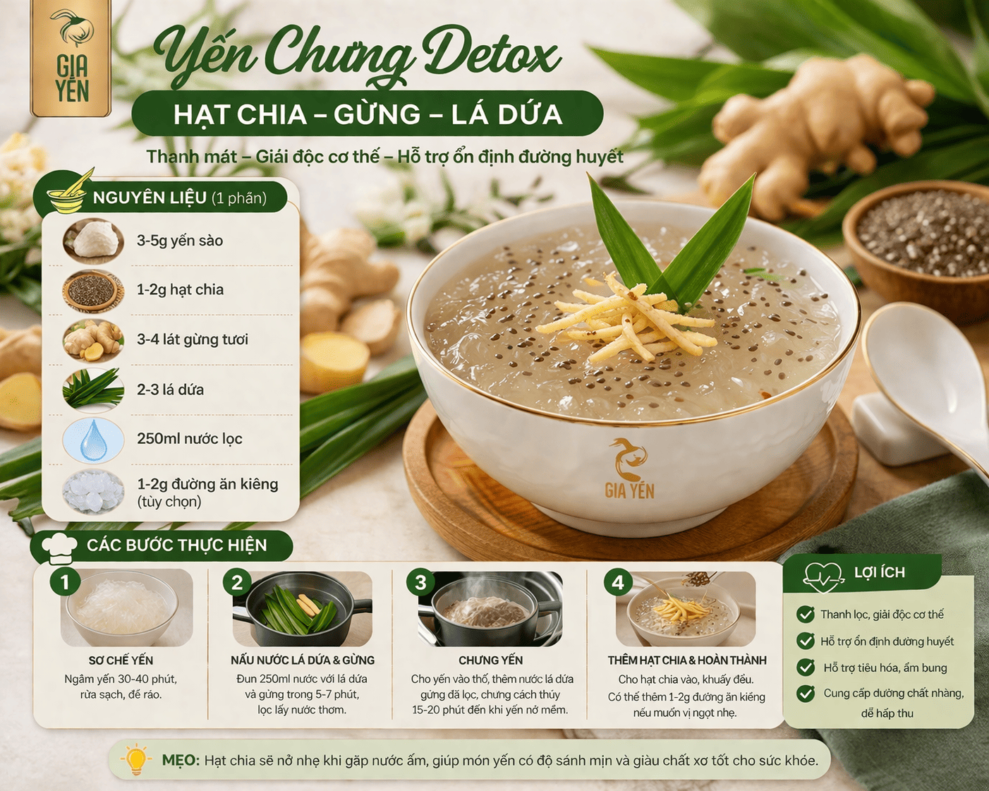 Yến Chưng Detox (Hạt Chia – Gừng – Lá Dứa)