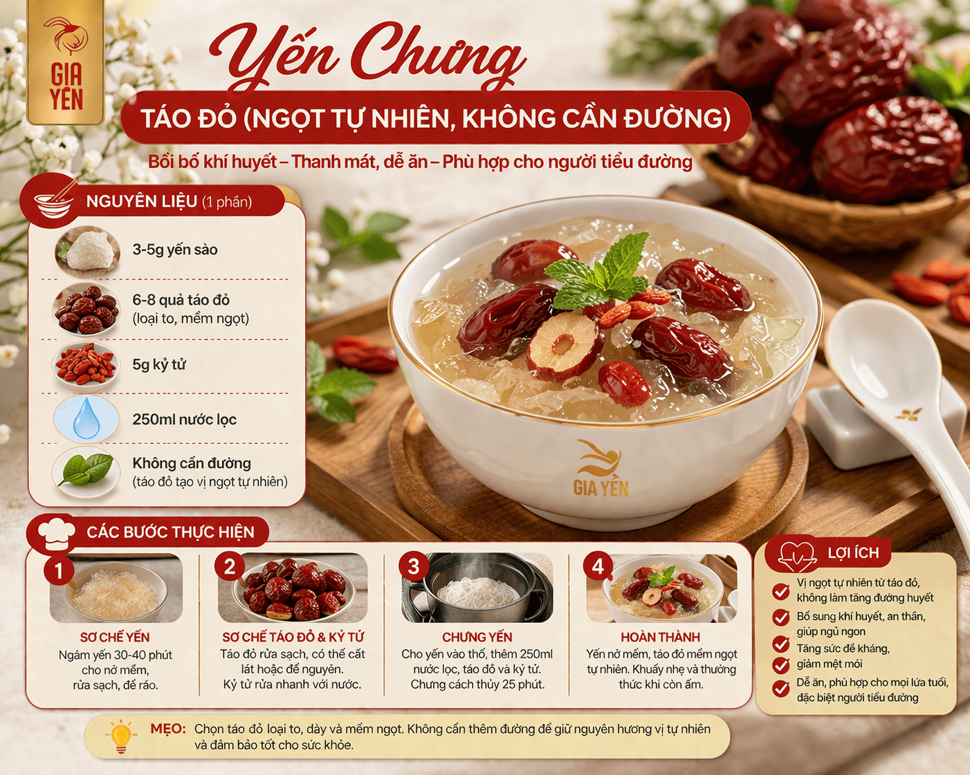 Yến Chưng Táo Đỏ (Ngọt Tự Nhiên, Không Cần Đường)